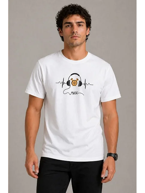Erkek Müzik Temalı Baskılı Tişört Bisiklet Yaka Kısa Kol T-shirt - Beyaz Erkek Müzik Temalı Baskılı Tişört Bisiklet Yaka Kısa Kol T-shirt - Beyaz