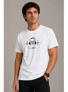 Erkek Müzik Temalı Baskılı Tişört Bisiklet Yaka Kısa Kol T-shirt - Beyaz