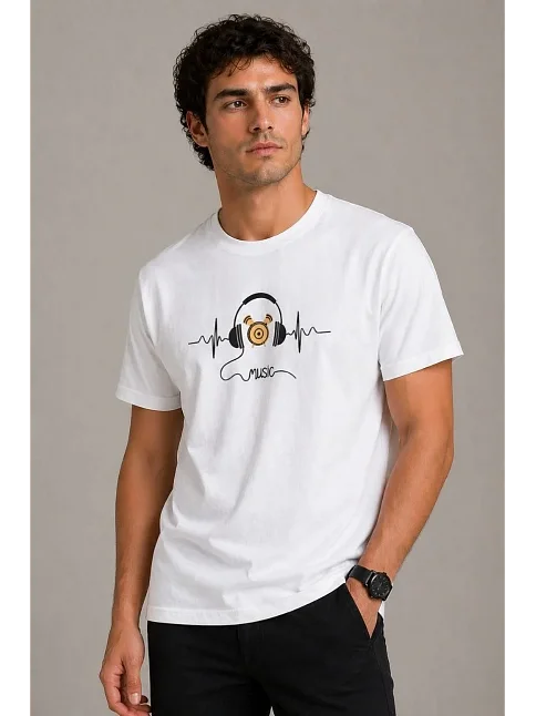 Erkek Müzik Temalı Baskılı Tişört Bisiklet Yaka Kısa Kol T-shirt - Beyaz Erkek Müzik Temalı Baskılı Tişört Bisiklet Yaka Kısa Kol T-shirt - Beyaz