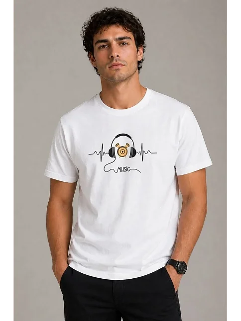 Erkek Müzik Temalı Baskılı Tişört Bisiklet Yaka Kısa Kol T-shirt - Beyaz Erkek Müzik Temalı Baskılı Tişört Bisiklet Yaka Kısa Kol T-shirt - Beyaz