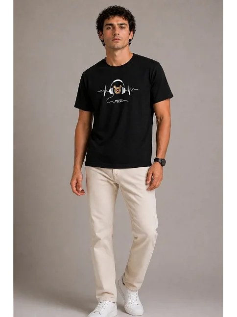 Erkek Müzik Temalı Baskılı Tişört Bisiklet Yaka Kısa Kol T-shirt - Siyah