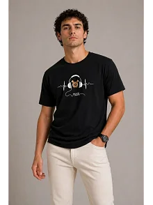 Erkek Müzik Temalı Baskılı Tişört Bisiklet Yaka Kısa Kol T-shirt - Siyah