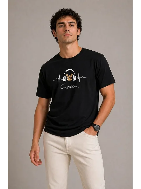 Erkek Müzik Temalı Baskılı Tişört Bisiklet Yaka Kısa Kol T-shirt - Siyah