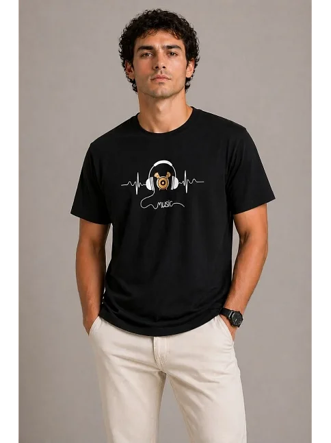 Erkek Müzik Temalı Baskılı Tişört Bisiklet Yaka Kısa Kol T-shirt - Siyah