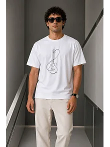 Erkek Minimal Gitar Baskılı Tişört T-shirt Yazlık Kısa Kol Bisiklet Yaka T-shirt - Beyaz