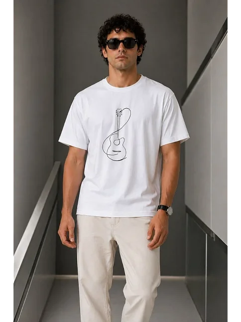 Erkek Minimal Gitar Baskılı Tişört T-shirt Yazlık Kısa Kol Bisiklet Yaka T-shirt - Beyaz Erkek Minimal Gitar Baskılı Tişört T-shirt Yazlık Kısa Kol Bisiklet Yaka T-shirt - Beyaz