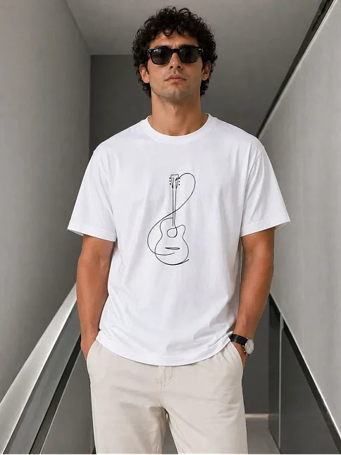 Erkek Minimal Gitar Baskılı Tişört T-shirt Yazlık Kısa Kol Bisiklet Yaka T-shirt - Beyaz Erkek Minimal Gitar Baskılı Tişört T-shirt Yazlık Kısa Kol Bisiklet Yaka T-shirt - Beyaz