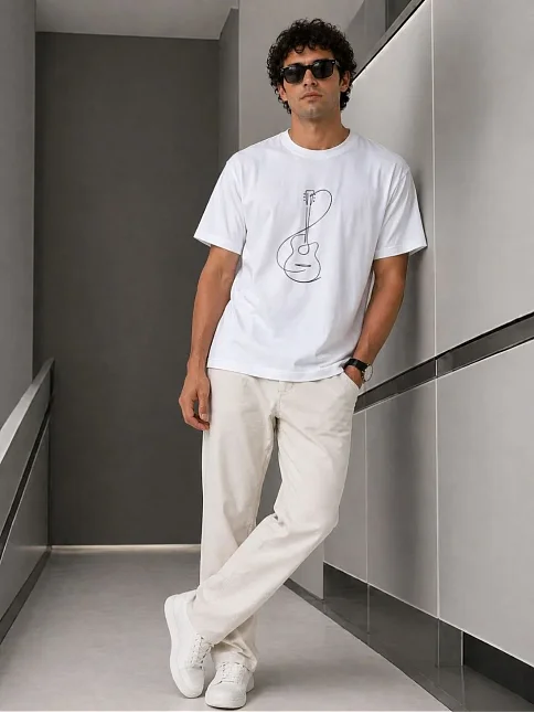 Erkek Minimal Gitar Baskılı Tişört T-shirt Yazlık Kısa Kol Bisiklet Yaka T-shirt - Beyaz Erkek Minimal Gitar Baskılı Tişört T-shirt Yazlık Kısa Kol Bisiklet Yaka T-shirt - Beyaz