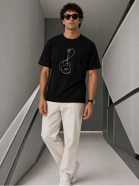 Erkek Minimal Gitar Baskılı Tişört T-shirt Yazlık Kısa Kol Bisiklet Yaka T-shirt - Siyah Erkek Minimal Gitar Baskılı Tişört T-shirt Yazlık Kısa Kol Bisiklet Yaka T-shirt - Siyah