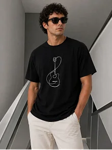 Erkek Minimal Gitar Baskılı Tişört T-shirt Yazlık Kısa Kol Bisiklet Yaka T-shirt - Siyah