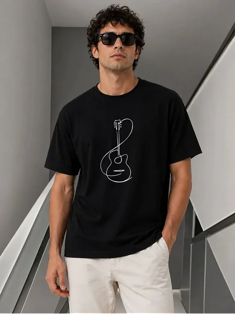 Erkek Minimal Gitar Baskılı Tişört T-shirt Yazlık Kısa Kol Bisiklet Yaka T-shirt - Siyah Erkek Minimal Gitar Baskılı Tişört T-shirt Yazlık Kısa Kol Bisiklet Yaka T-shirt - Siyah