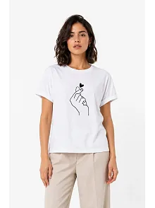 Kadın Kore Parmak Kalp Aşk Temalı Minimal Baskılı Tişört Yazlık Kısa Kol T-shirt - Beyaz Kadın Kore Parmak Kalp Aşk Temalı Minimal Baskılı Tişört Yazlık Kısa Kol T-shirt - Beyaz