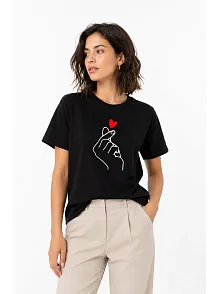 Kadın Kore Parmak Kalp Aşk Temalı Minimal Baskılı Tişört Yazlık Kısa Kol T-shirt - Siyah