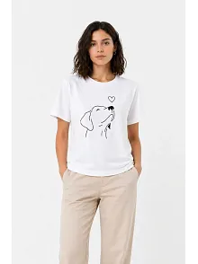 Kadın Köpek Figürlü Minimal Baskılı Tişört Kısa Kol Yazlık T-shirt - Beyaz