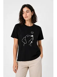 Kadın Köpek Figürlü Minimal Baskılı Tişört Kısa Kol Yazlık T-shirt - Siyah