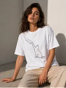 Kadın Minimal Kedi Çizim Baskılı Tişört Kısa Kol Yazlık T-shirt - Beyaz