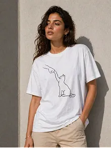 Kadın Minimal Kedi Çizim Baskılı Tişört Kısa Kol Yazlık T-shirt - Beyaz Kadın Minimal Kedi Çizim Baskılı Tişört Kısa Kol Yazlık T-shirt - Beyaz