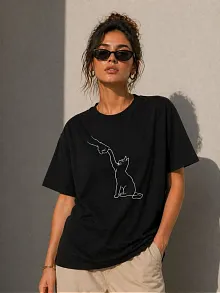 Kadın Minimal Kedi Çizim Baskılı Tişört Kısa Kol Yazlık T-shirt - Siyah