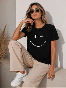 Kadın Minimal Gülümseyen Yüz Baskılı Tişört Kısa Kol Yazlık T-shirt - Siyah