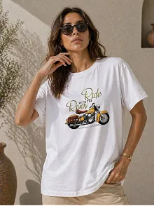 Kadın Motosiklet Baskılı Tişört Bisiklet Yaka Kısa Kol Yazlık T-shirt - Beyaz