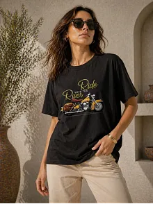 Kadın Motosiklet Baskılı Tişört Bisiklet Yaka Kısa Kol Yazlık T-shirt - Siyah