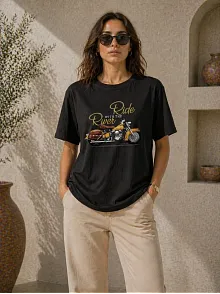Kadın Motosiklet Baskılı Tişört Bisiklet Yaka Kısa Kol Yazlık T-shirt - Siyah Kadın Motosiklet Baskılı Tişört Bisiklet Yaka Kısa Kol Yazlık T-shirt - Siyah