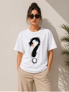 Kadın Kuğu Figürlü Soru İşareti Baskılı Tişört Kısa Kol T-shirt - Beyaz