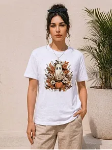 Kadın Balkabağı Hayalet Baskılı Tişört Kısa Kol Yazlık T-shirt - Beyaz Kadın Balkabağı Hayalet Baskılı Tişört Kısa Kol Yazlık T-shirt - Beyaz