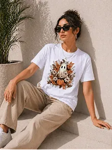 Kadın Balkabağı Hayalet Baskılı Tişört Kısa Kol Yazlık T-shirt - Beyaz