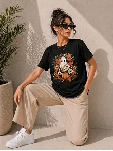 Kadın Balkabağı Hayalet Baskılı Tişört Kısa Kol Yazlık T-shirt - Siyah Kadın Balkabağı Hayalet Baskılı Tişört Kısa Kol Yazlık T-shirt - Siyah