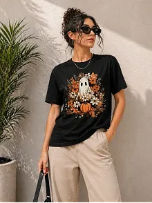 Kadın Balkabağı Hayalet Baskılı Tişört Kısa Kol Yazlık T-shirt - Siyah