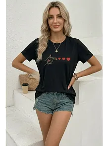 Kadın Minimal Kalp İşaret Baskılı Tişört Kısa Kol Yazlık T-shirt - Siyah