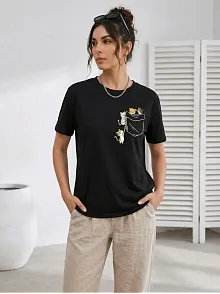 Kadın Sevimli Kedi Cep Baskılı Tişört Kısa Kol Yazlık T-shirt - Siyah