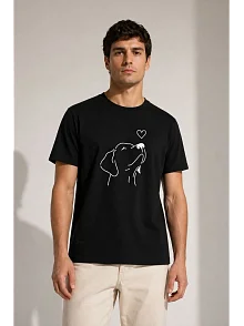 Erkek Köpek Figürlü Minimal Baskılı Tişört Kısa Kol Yazlık T-shirt - Siyah