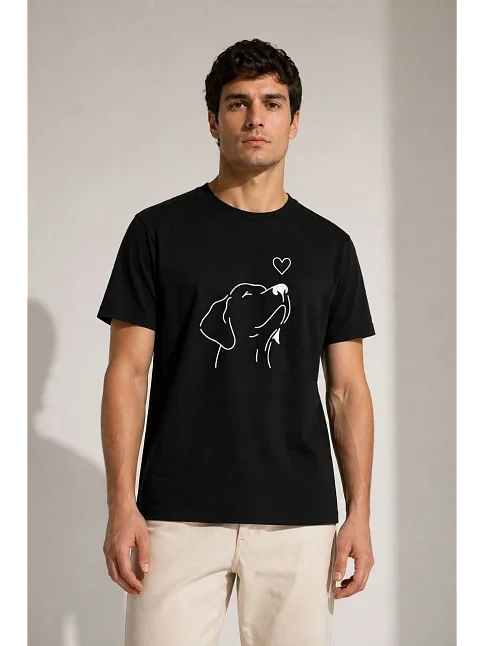 Erkek Köpek Figürlü Minimal Baskılı Tişört Kısa Kol Yazlık T-shirt - Siyah Erkek Köpek Figürlü Minimal Baskılı Tişört Kısa Kol Yazlık T-shirt - Siyah