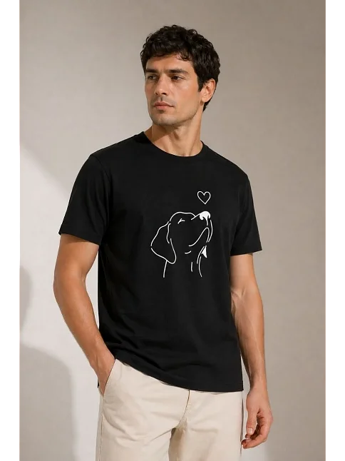 Erkek Köpek Figürlü Minimal Baskılı Tişört Kısa Kol Yazlık T-shirt - Siyah Erkek Köpek Figürlü Minimal Baskılı Tişört Kısa Kol Yazlık T-shirt - Siyah