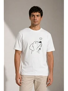 Erkek Köpek Figürlü Minimal Baskılı Tişört Kısa Kol Yazlık T-shirt - Beyaz