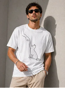 Erkek Minimal Kedi Çizim Baskılı Tişört Kısa Kol Yazlık T-shirt - Beyaz