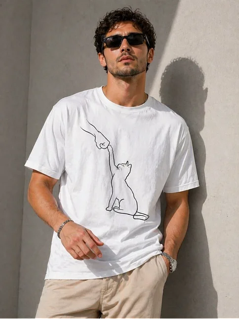 Erkek Minimal Kedi Çizim Baskılı Tişört Kısa Kol Yazlık T-shirt - Beyaz Erkek Minimal Kedi Çizim Baskılı Tişört Kısa Kol Yazlık T-shirt - Beyaz