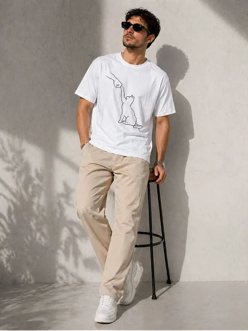 Erkek Minimal Kedi Çizim Baskılı Tişört Kısa Kol Yazlık T-shirt - Beyaz Erkek Minimal Kedi Çizim Baskılı Tişört Kısa Kol Yazlık T-shirt - Beyaz