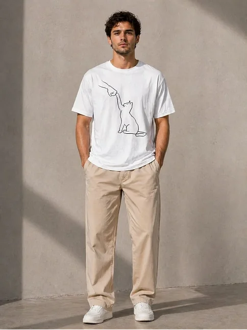 Erkek Minimal Kedi Çizim Baskılı Tişört Kısa Kol Yazlık T-shirt - Beyaz Erkek Minimal Kedi Çizim Baskılı Tişört Kısa Kol Yazlık T-shirt - Beyaz