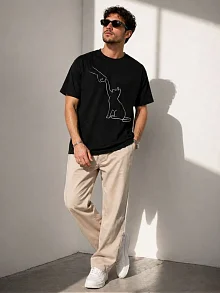 Erkek Minimal Kedi Çizim Baskılı Tişört Kısa Kol Yazlık T-shirt - Siyah