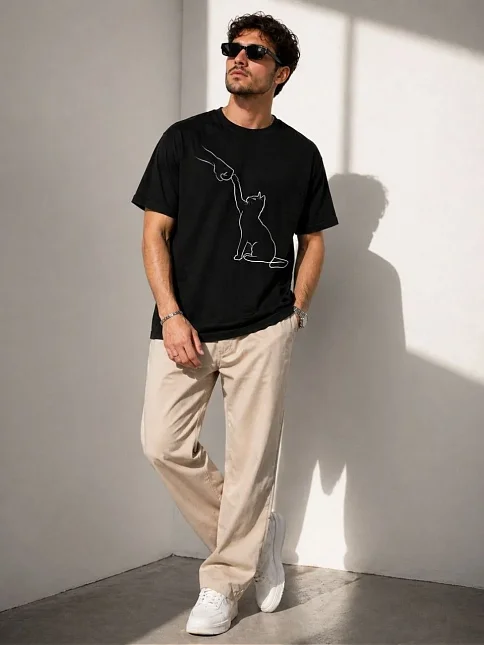 Erkek Minimal Kedi Çizim Baskılı Tişört Kısa Kol Yazlık T-shirt - Siyah Erkek Minimal Kedi Çizim Baskılı Tişört Kısa Kol Yazlık T-shirt - Siyah