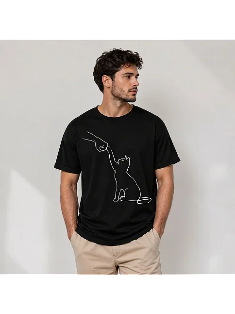 Erkek Minimal Kedi Çizim Baskılı Tişört Kısa Kol Yazlık T-shirt - Siyah Erkek Minimal Kedi Çizim Baskılı Tişört Kısa Kol Yazlık T-shirt - Siyah