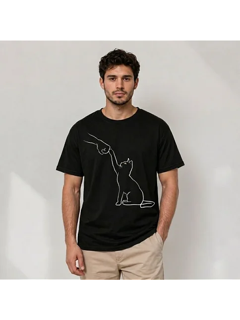 Erkek Minimal Kedi Çizim Baskılı Tişört Kısa Kol Yazlık T-shirt - Siyah Erkek Minimal Kedi Çizim Baskılı Tişört Kısa Kol Yazlık T-shirt - Siyah
