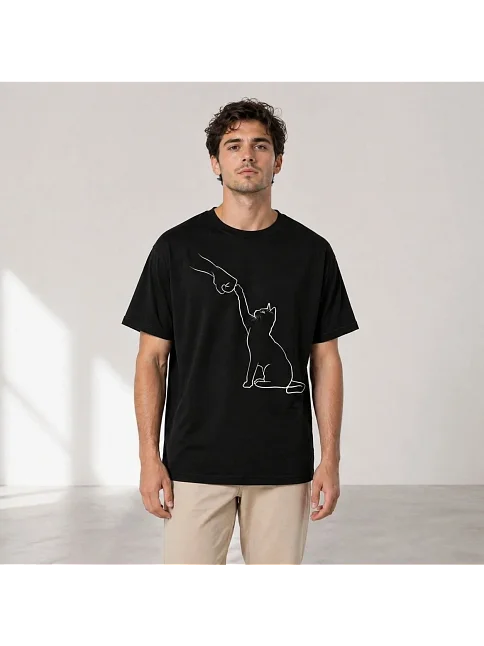 Erkek Minimal Kedi Çizim Baskılı Tişört Kısa Kol Yazlık T-shirt - Siyah Erkek Minimal Kedi Çizim Baskılı Tişört Kısa Kol Yazlık T-shirt - Siyah