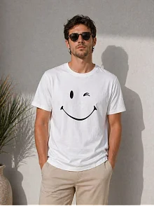 Erkek Minimal Gülümseyen Yüz Baskılı Tişört Kısa Kol Yazlık T-shirt - Beyaz Erkek Minimal Gülümseyen Yüz Baskılı Tişört Kısa Kol Yazlık T-shirt - Beyaz