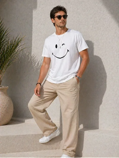 Erkek Minimal Gülümseyen Yüz Baskılı Tişört Kısa Kol Yazlık T-shirt - Beyaz Erkek Minimal Gülümseyen Yüz Baskılı Tişört Kısa Kol Yazlık T-shirt - Beyaz