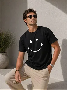 Erkek Minimal Gülümseyen Yüz Baskılı Tişört Kısa Kol Yazlık T-shirt - Siyah
