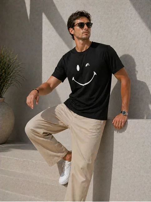 Erkek Minimal Gülümseyen Yüz Baskılı Tişört Kısa Kol Yazlık T-shirt - Siyah Erkek Minimal Gülümseyen Yüz Baskılı Tişört Kısa Kol Yazlık T-shirt - Siyah